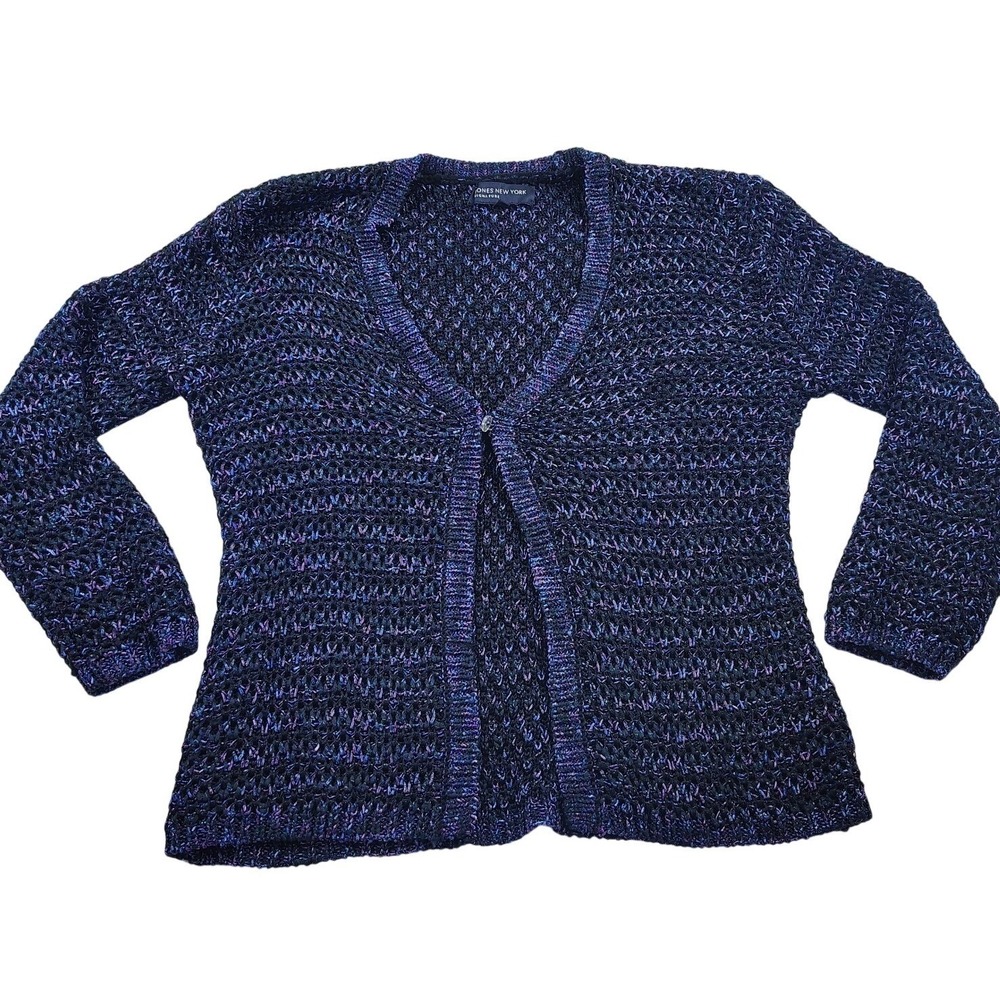 Jones New York Signature Womens L Navy Purple Metallic Open Knit Cardigan